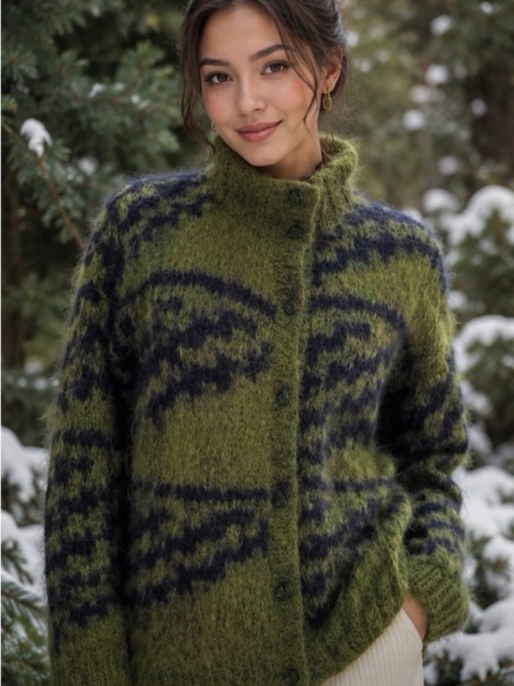 Vintage E. de A. Angora Wool Green Black Cardigan Sweater